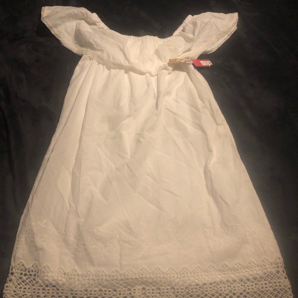 White Off-Shoulder Dress with Lace Trim